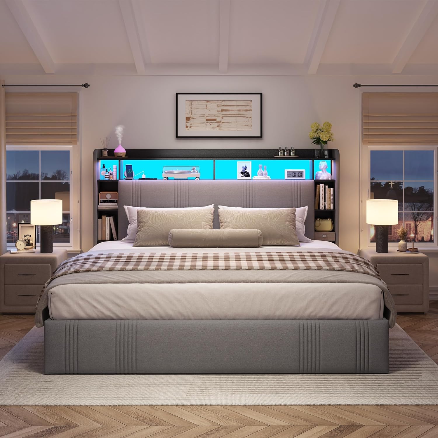 EnHomee King Size Bed Frame with 4 Storage Drawers, Upholstered Platform King Bed Frame with Multi-Tier Storage Headboard & LED Lights & Charging Station, No Noise, No Box Spring Needed, Grey