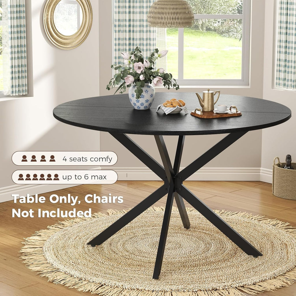 Unovivy 47 Inch Round Dining Table for 4, Space Saving Circle Dining Table with Pedestal Metal Frame, Industrail Modern Round Kitchen Table for Living & Dining Room, Black