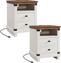 Farmhouse Nightstand Set of 2 with Charging Station, 18" Rustic Night Stand with 2 Storage Drawers, Wood End Table for Bedroom, Living Room, Antique White