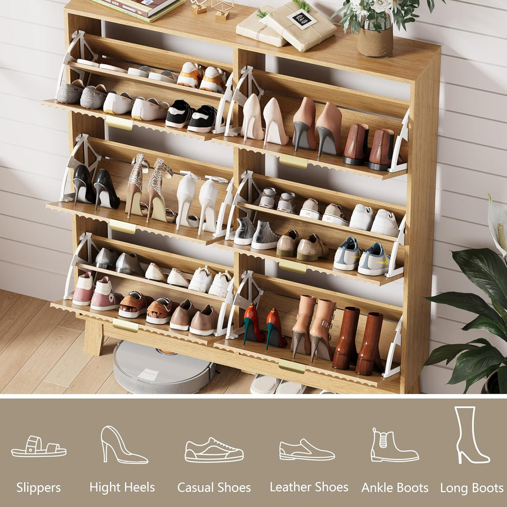 Shoe Cabinet Storage for Entryway with 6 Flip Drawers, Fluted Narrow Shoe Organizer with Wooden Legs, Freestanding Slim Shoe Storage Hidden Shoe Rack Organizer for Front Door Entrance, Oak