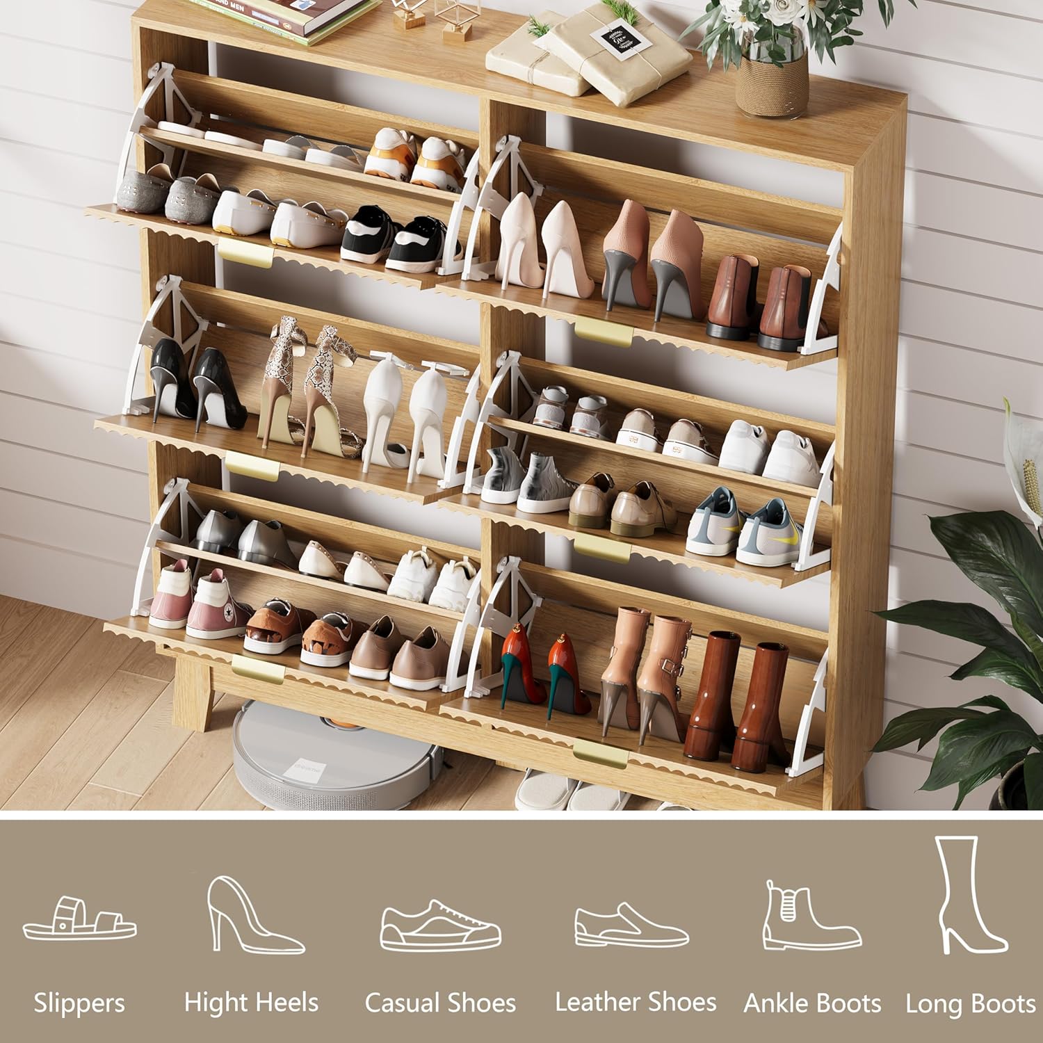Shoe Cabinet Storage for Entryway with 6 Flip Drawers, Fluted Narrow Shoe Organizer with Wooden Legs, Freestanding Slim Shoe Storage Hidden Shoe Rack Organizer for Front Door Entrance, Oak