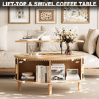 INNOD Round Coffee Table Lift Top with Storage, Fluted Drum Coffee Table for Living Room, Mid Century Modern Oak Wood Round Coffee Table with Sliding Tambour Door, Center Table (Boho Light Oak)