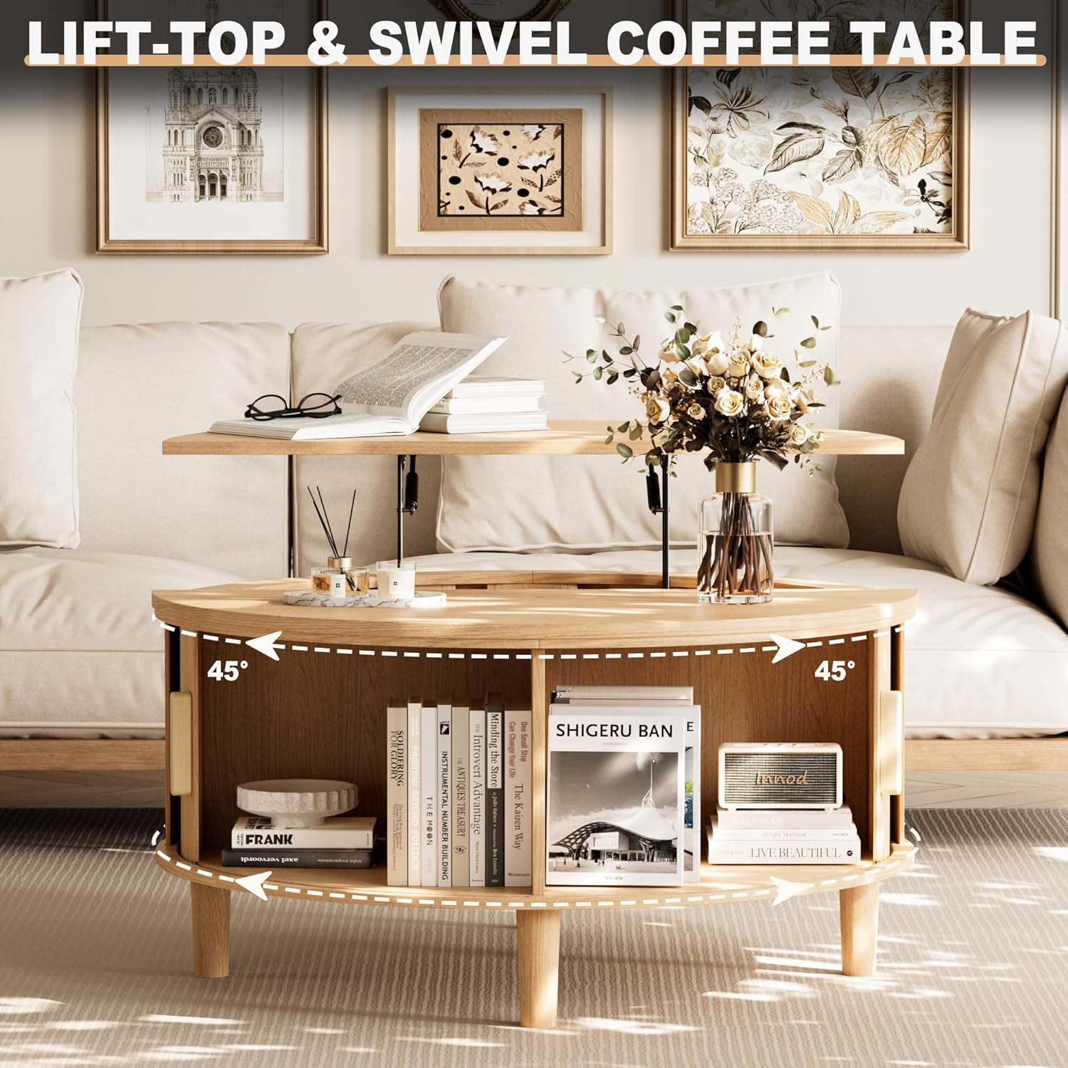 INNOD Round Coffee Table Lift Top with Storage, Fluted Drum Coffee Table for Living Room, Mid Century Modern Oak Wood Round Coffee Table with Sliding Tambour Door, Center Table (Boho Light Oak)