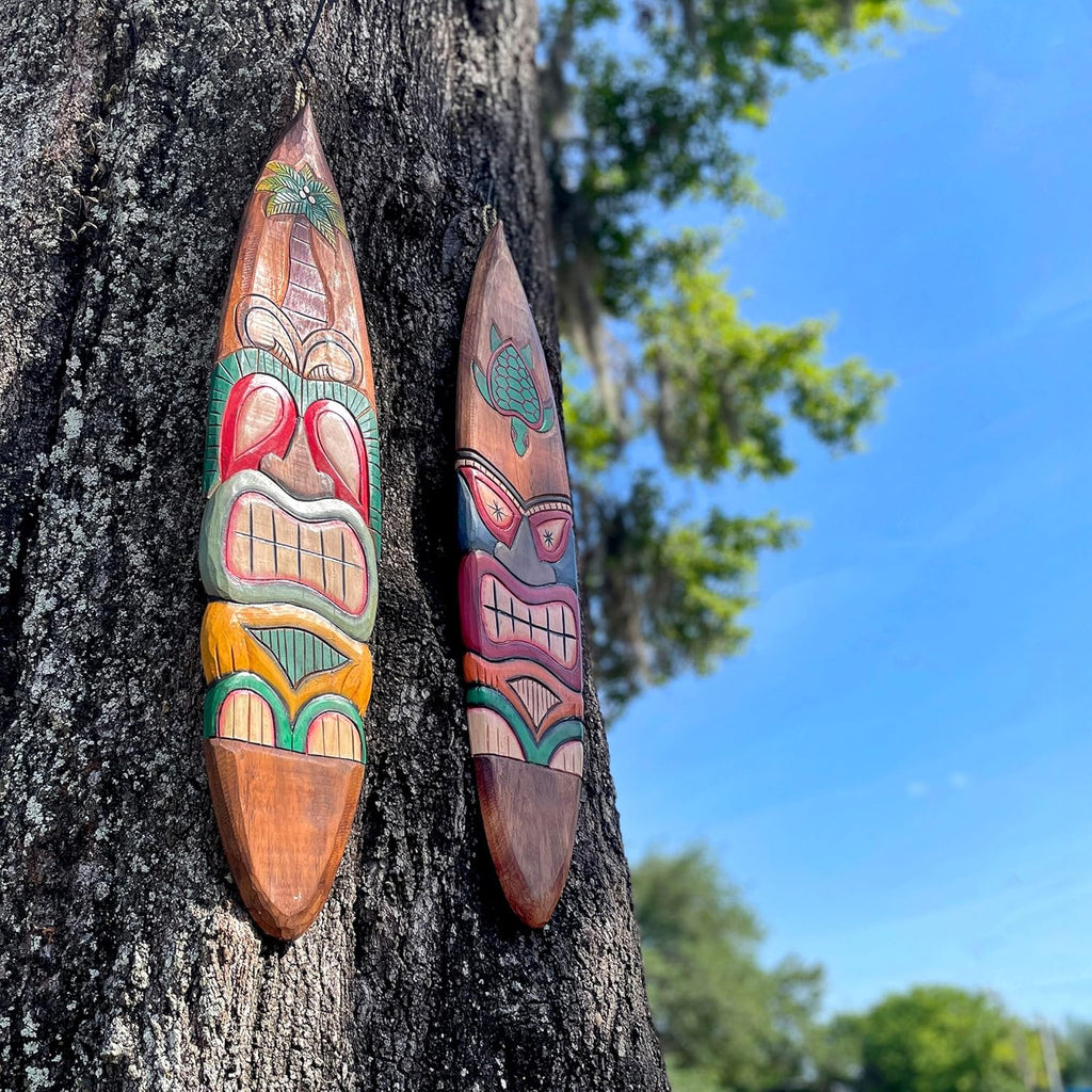 Set of 2 Wooden Tiki Surfboard Wall Decor, 39" Hand-Carved Surfboards with Sea Turtle and Palm Tree Designs, Hand-Painted Tropical Wall Art, Coastal Beach House Accent, Rustic Bar or Patio Hanging