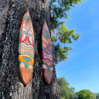Set of 2 Wooden Tiki Surfboard Wall Decor, 39" Hand-Carved Surfboards with Sea Turtle and Palm Tree Designs, Hand-Painted Tropical Wall Art, Coastal Beach House Accent, Rustic Bar or Patio Hanging