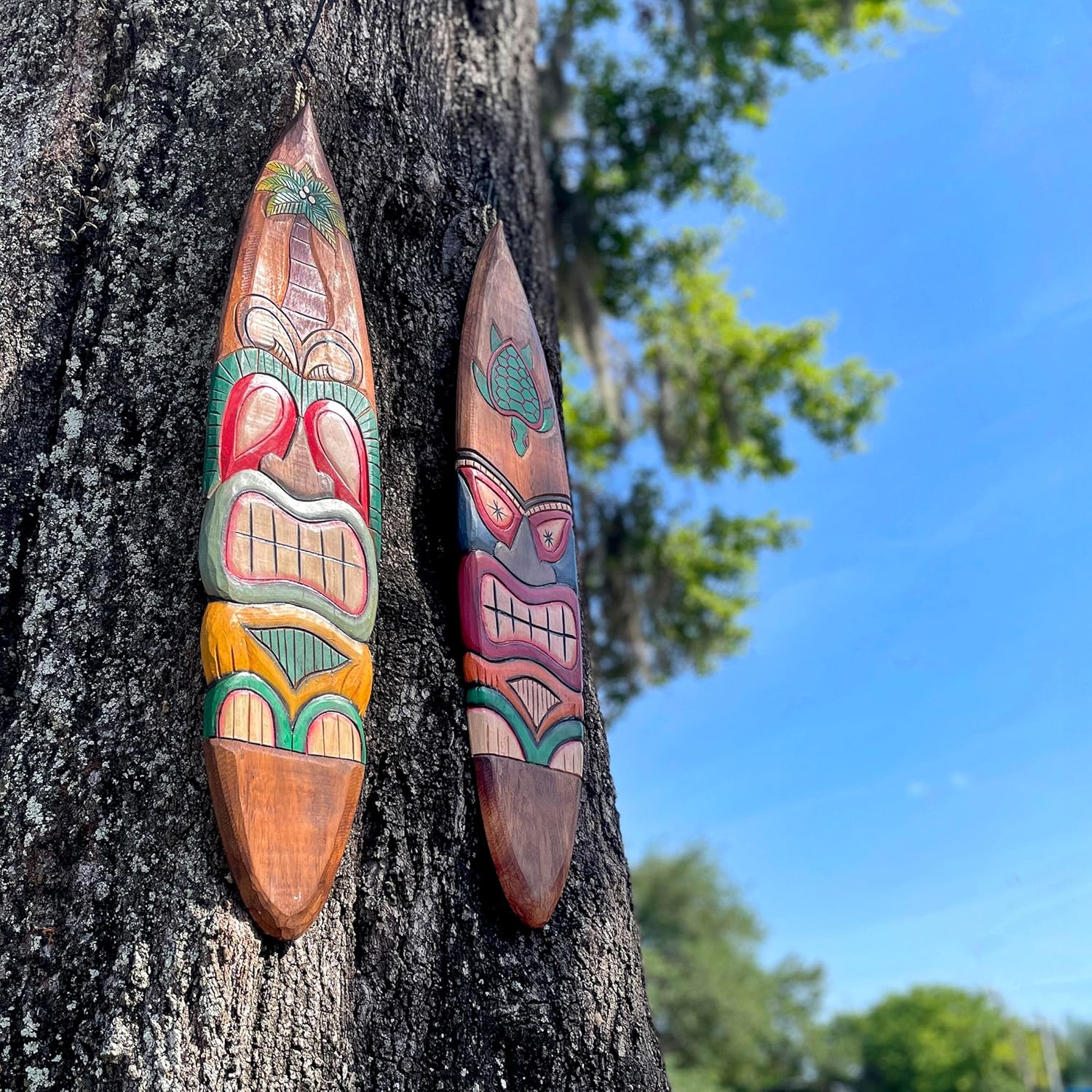 Set of 2 Wooden Tiki Surfboard Wall Decor, 39" Hand-Carved Surfboards with Sea Turtle and Palm Tree Designs, Hand-Painted Tropical Wall Art, Coastal Beach House Accent, Rustic Bar or Patio Hanging