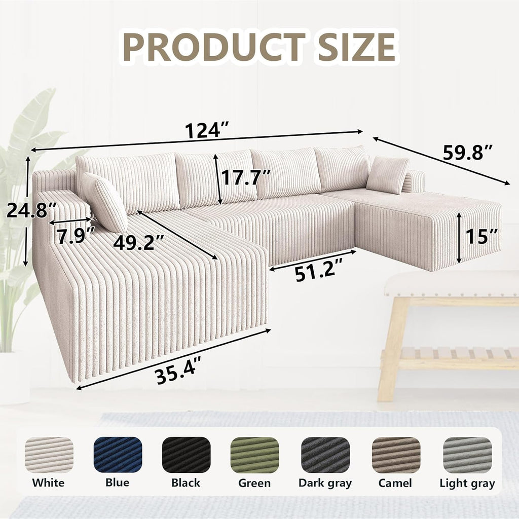 124" U Shaped Cloud Couch Sectional, Corduroy Upholstered 4-Seater Cloud Couches for Living Room, Deep Seat Modular Boneless Sofa with Lounge Chaise, No Assembly Required, White