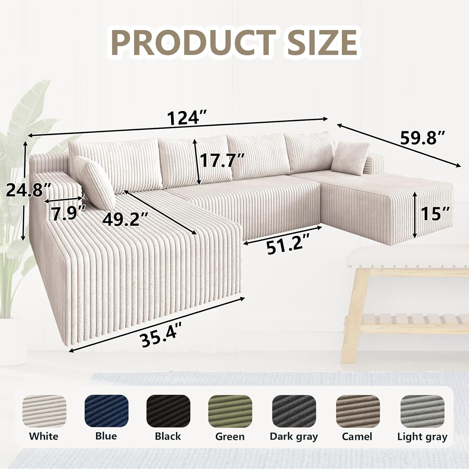 124" U Shaped Cloud Couch Sectional, Corduroy Upholstered 4-Seater Cloud Couches for Living Room, Deep Seat Modular Boneless Sofa with Lounge Chaise, No Assembly Required, White