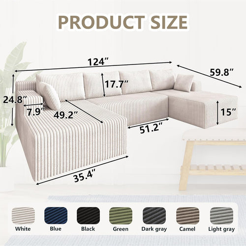 124" U Shaped Cloud Couch Sectional, Corduroy Upholstered 4-Seater Cloud Couches for Living Room, Deep Seat Modular Boneless Sofa with Lounge Chaise, No Assembly Required, White