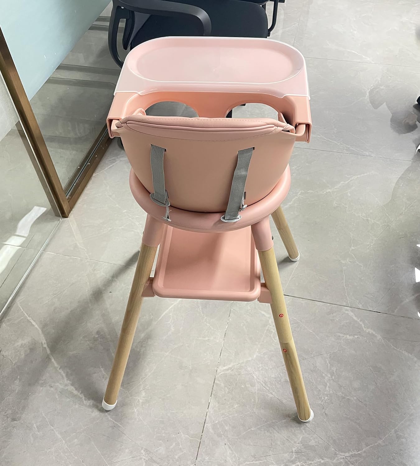 Baby High Chair, 6-in-1 Wooden Convertible High Chairs for Toddlers, Booster Seat with Double Tray & Reversible Footrest, 5-Point Harness, Pink