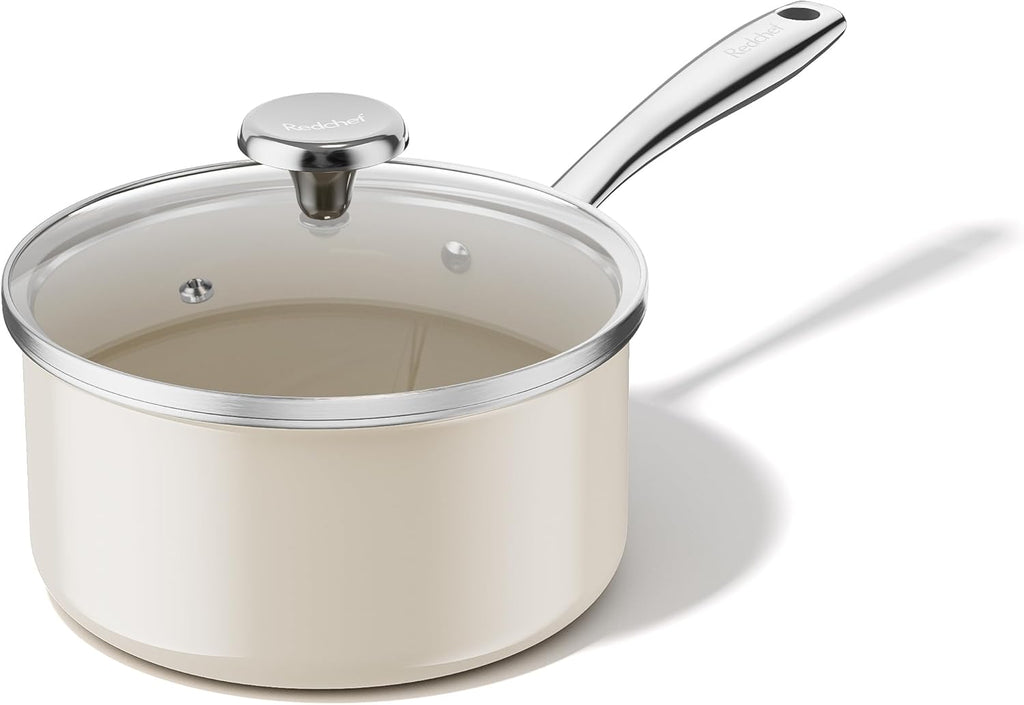 Redchef Cooking Pot Set Induction 5Qt, Saucepan Set 2.5/3.5Qt and 2.5QT Small Saucepan, Stay-Cool Handles, Oven/Dishwasher Safe, PTFE PFAS Free (Beige)