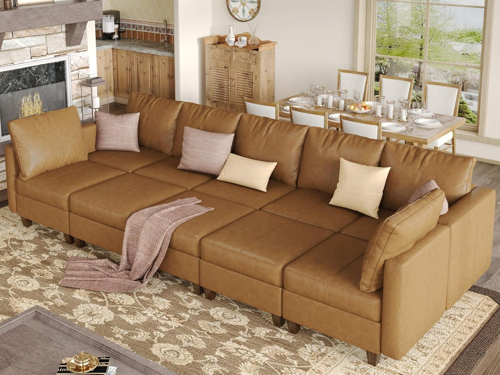 EASE MOOSE Faux Leather Sectional Sleeper Modular Sofa Modular Couch with Storage, Convertible Faux Leather Modular U Sectional Sleeper Sofa Couch Brown