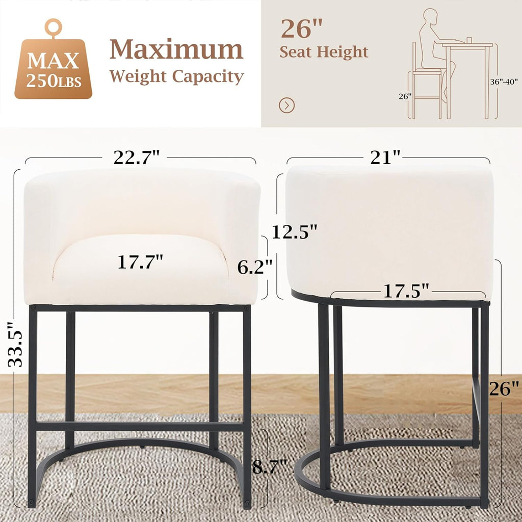 ClinQ 26" H Counter Height Bar Stools Set of 4, Modern Barrel Counter Stools with Backrest and Arms, Black Metal Frames,Linen Fabric Upholstered Accent Barstools for Kitchen Island,Beige