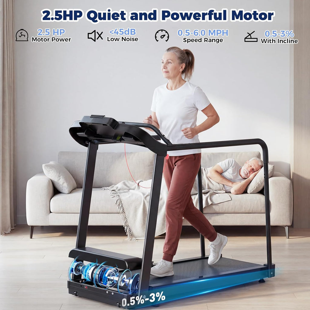 Treadmill for Senior at Home, Walking Jogging Running Pad Treadmill for Elderly, with Long Handrails, Heart Rate Monitor, Wide Running Belt, 2.5 HP, 300 LBS Capacity, PAD Stand & Cup Holder