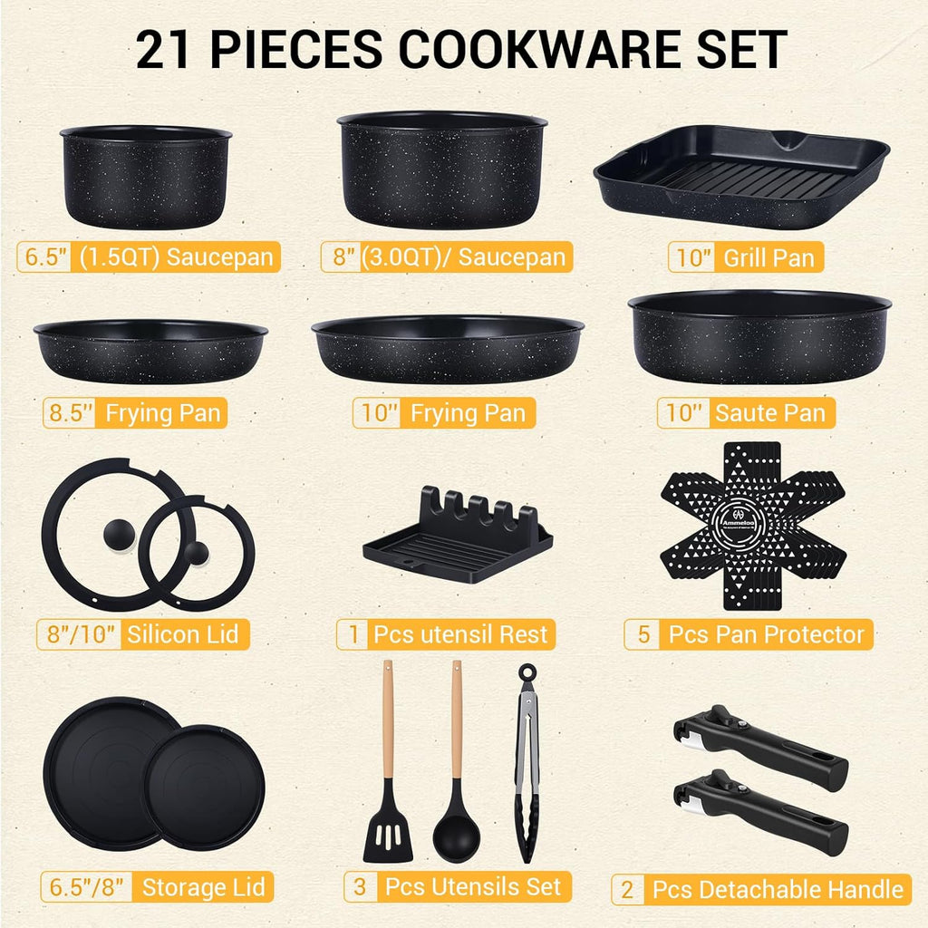 Ammeloo 21 Pcs Pots and Pans Set Non Stick with Detachable Handle & Grill Pan, Induction Ceramic Cookware Set, Non Toxic Kitchen Pots and Pans Set for RVs,Camping, Oven/Dishwasher Safe, Black