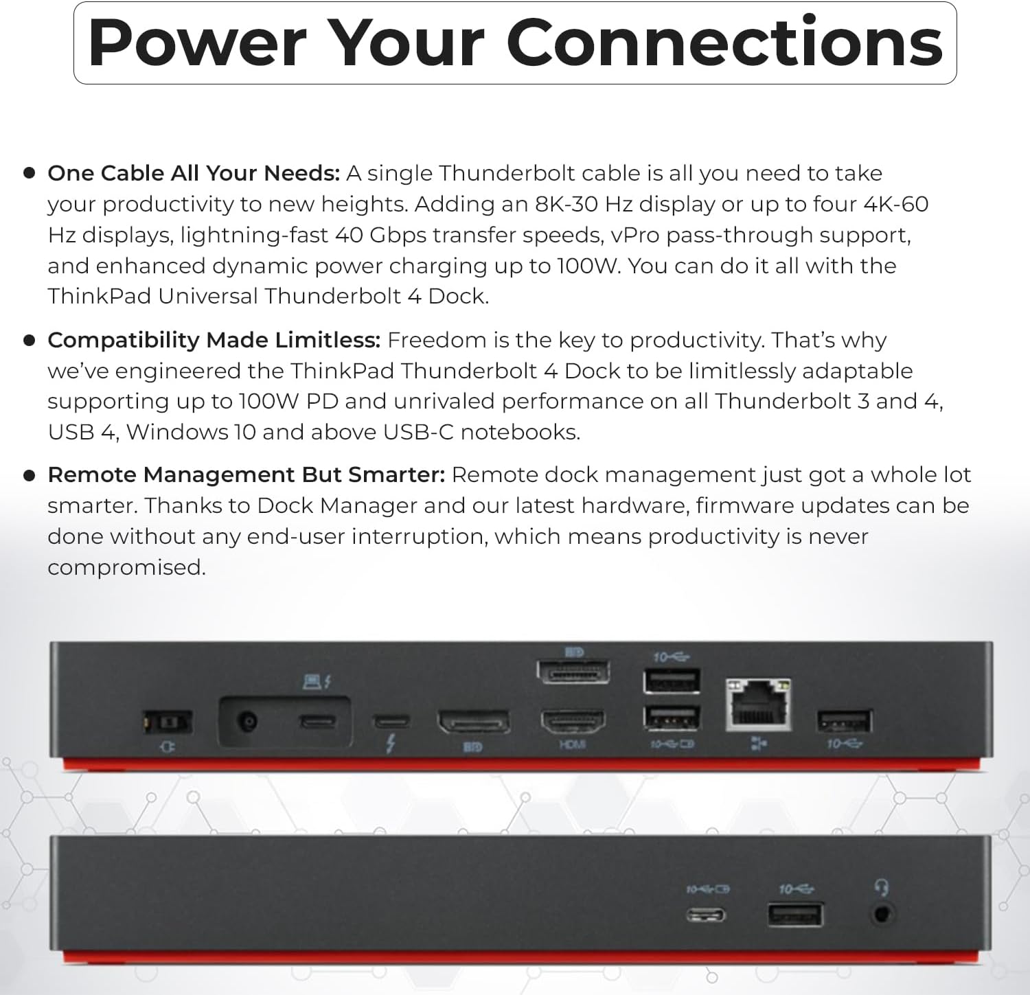 40B00135US Lenovo Thinkpad Docking Station USB C - 1 Year Warranty  Supports 4K Display  Thunderbolt 4 Dock with 135W Adapter  HDMI  DisplayPort  Thunderbolt Cables & Cloth - Lenovo Docking Station