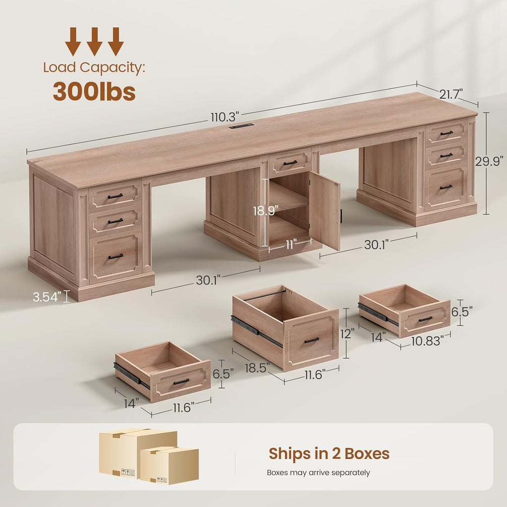 SEDETA Farmhouse 110.3" Two Person Desk with 7 Drawers, Long Computer Desk with Storage Cabinet, 2 Person Desk with Power Outlets for Home Office, Natural Oak