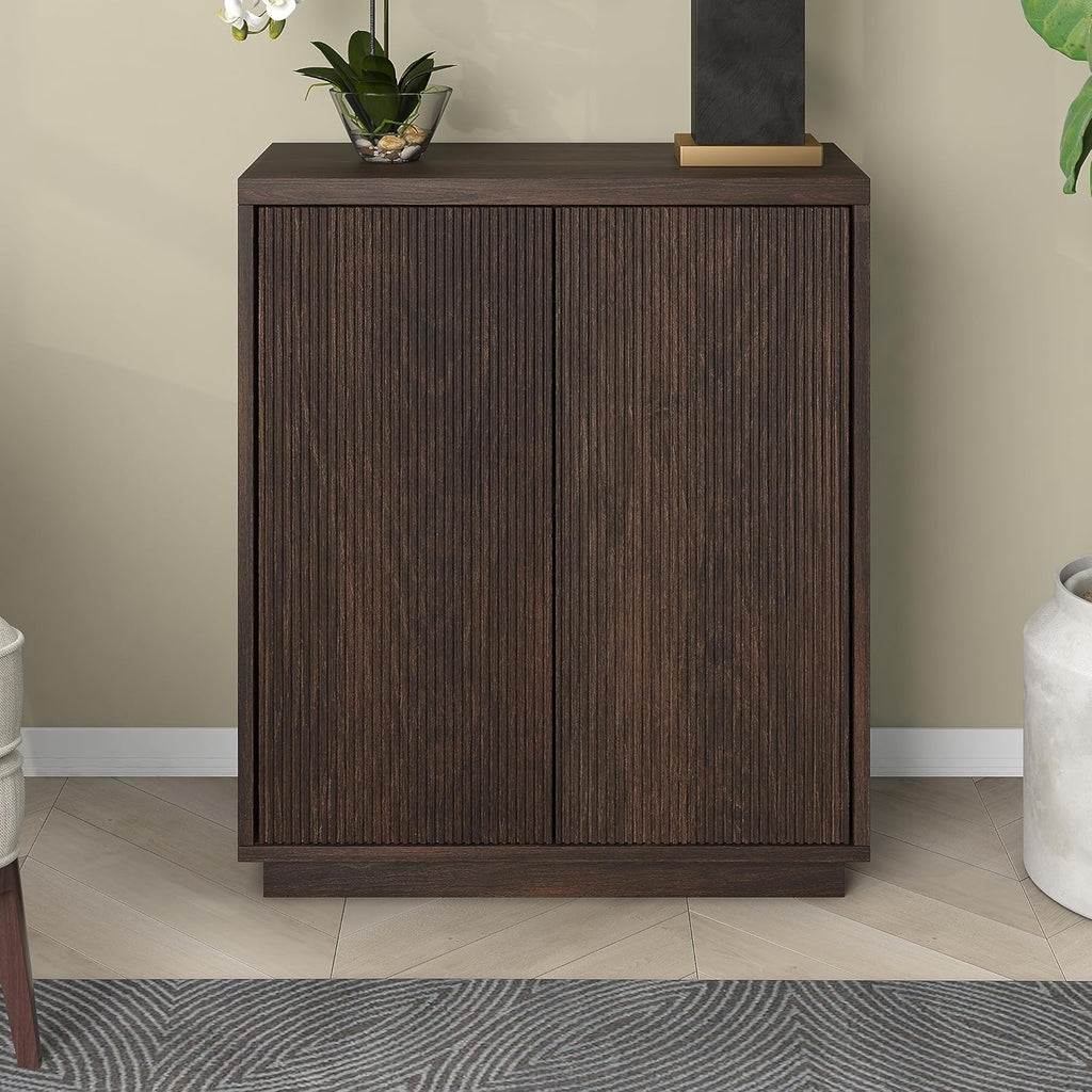 Henn&Hart 28" Fluted Wooden Accent Cabinet, Ribbed Modern Sideboard Buffet Cabinet with 2 Doors and an Adjustable Shelf for Living Room, Dining Room, Bedroom or Entryway, Rich Brown