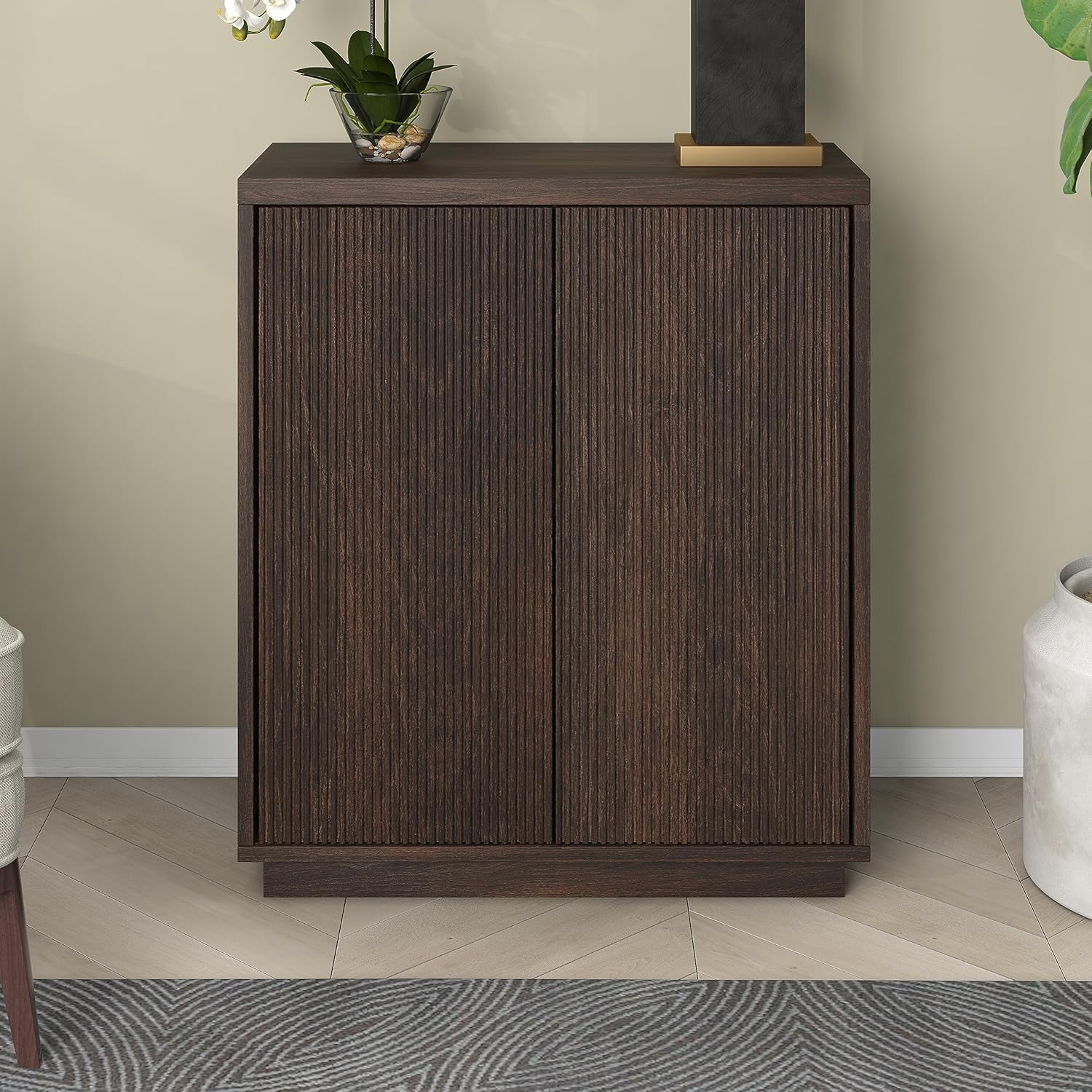 Henn&Hart 28" Fluted Wooden Accent Cabinet, Ribbed Modern Sideboard Buffet Cabinet with 2 Doors and an Adjustable Shelf for Living Room, Dining Room, Bedroom or Entryway, Rich Brown