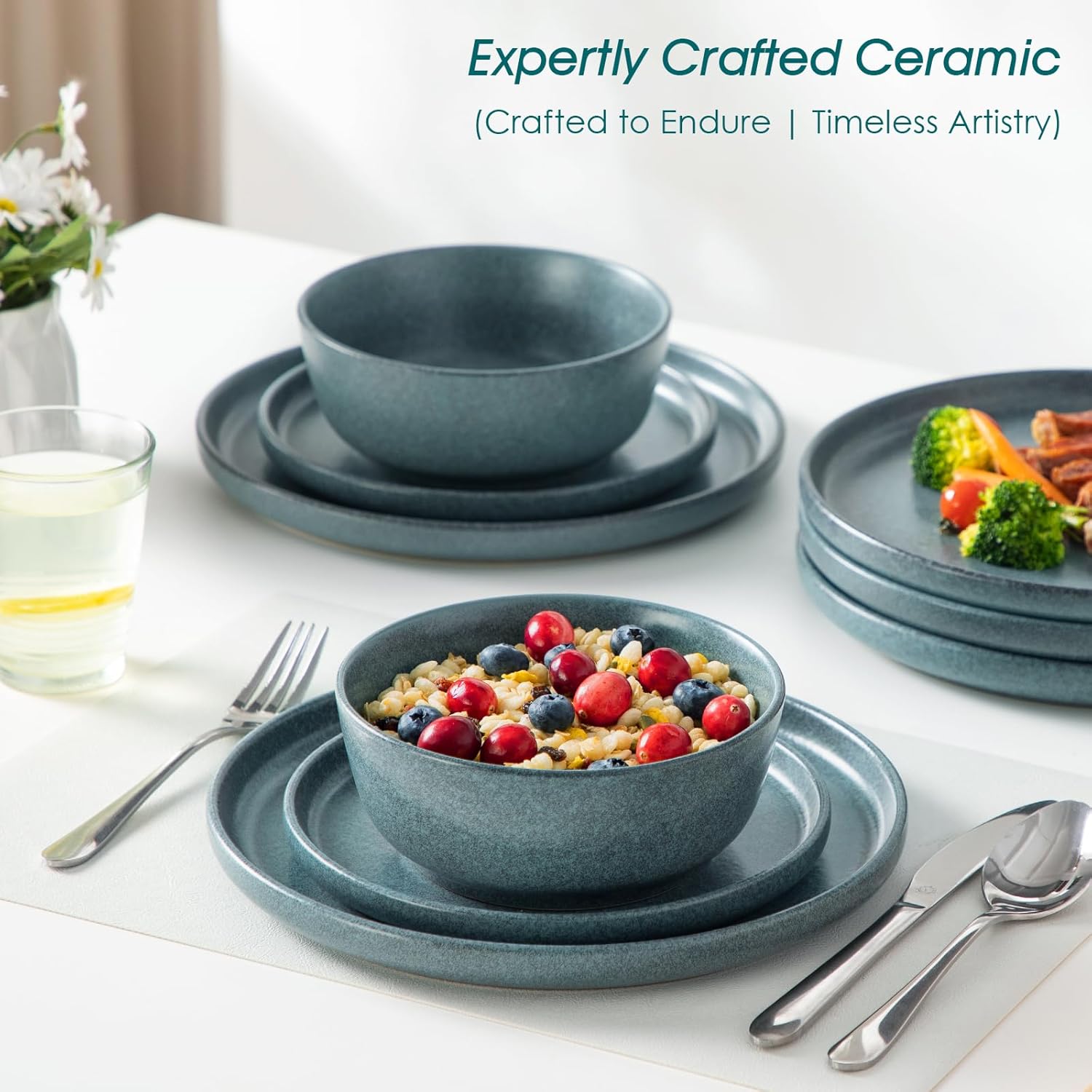 vancasso Plates and Bowls Sets, 18 Pieces Modern Ceramic Dinnerware Set for 6, Dish Set for Kitchen, Dinner Set Stoneware Dishware Set Microwave and Dishwasher Safe, Blue, Series ZERMATT