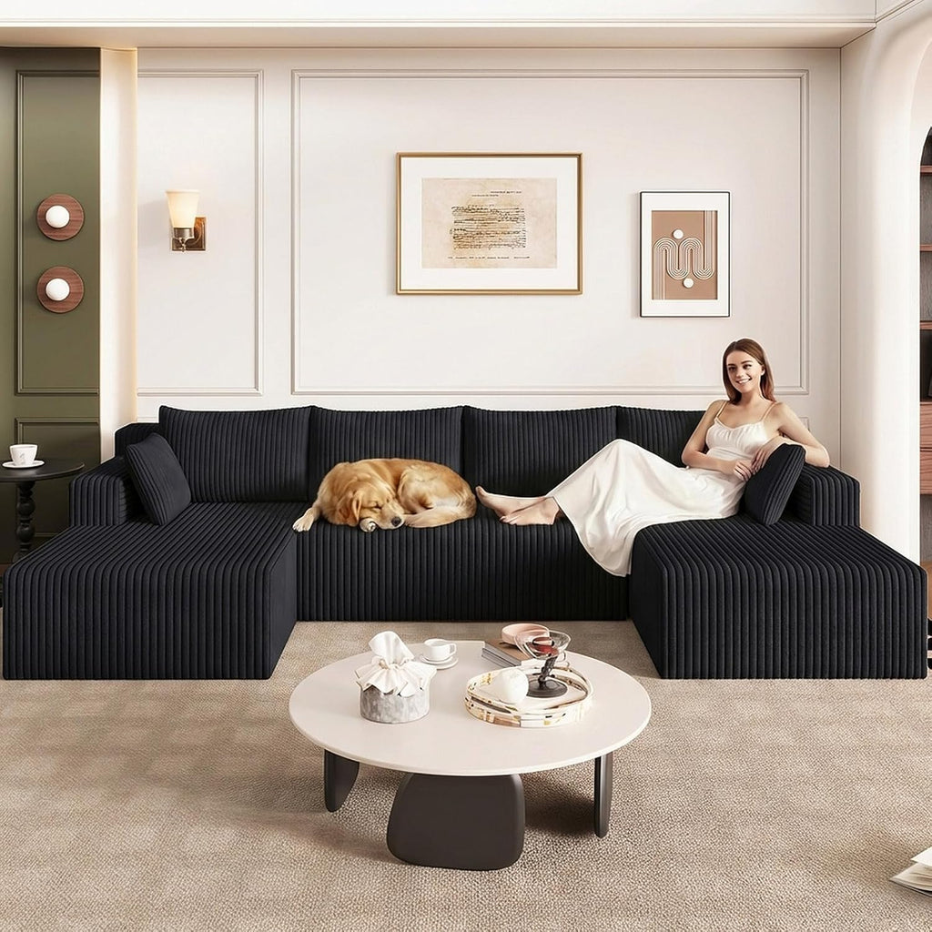 124" Modular Sectional Sofa, Modern Corduroy Cloud Couch with Deep Seat, Boneless Couch Upholstered 4-Seater U-Shaped Sofa for Living Room, No Assembly Required (Black)