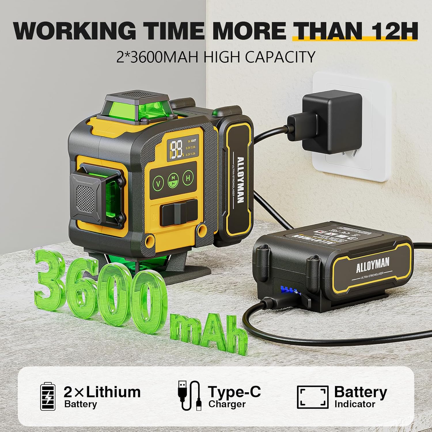 Alloyman 4x360°Self Leveling Laser Level, 12 Ft./3.7M Professional Laser Level Pole with Tripod, Green Line Lazer Leveler Tool with 2* Li-ion Batteries for Picture Hanging, Tile, Home Renovation