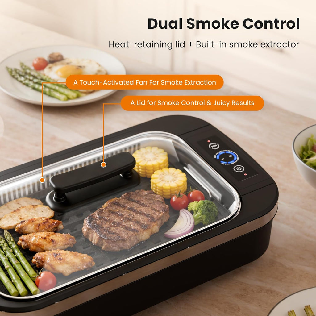 Kismile Smokeless Indoor Grill, 1500W Electric Indoor Grill for Korean BBQ with 6-Level Temp Control, Removable Glass Lid, Non-Stick Grill Plate, Turbo Smoke Extractor, Auto Shut Off & Dishwasher Safe