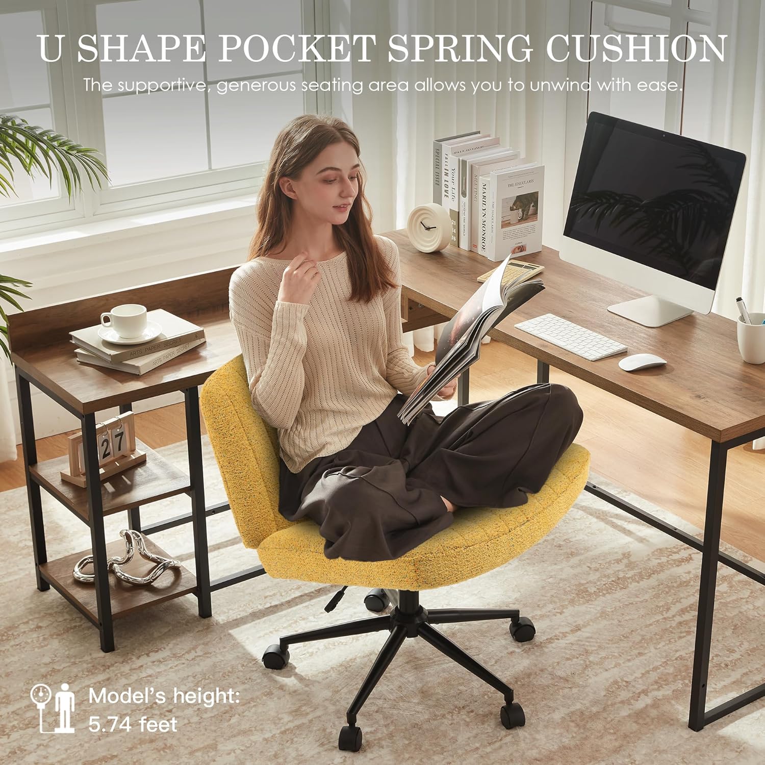 Dowinx Criss Cross Chair with Wheels, Preminum Fabric and Pocket Spring Cushion, Adjustable Swivel Wide Seat Computer Chair, Morden Design Vanity Chair Yellow