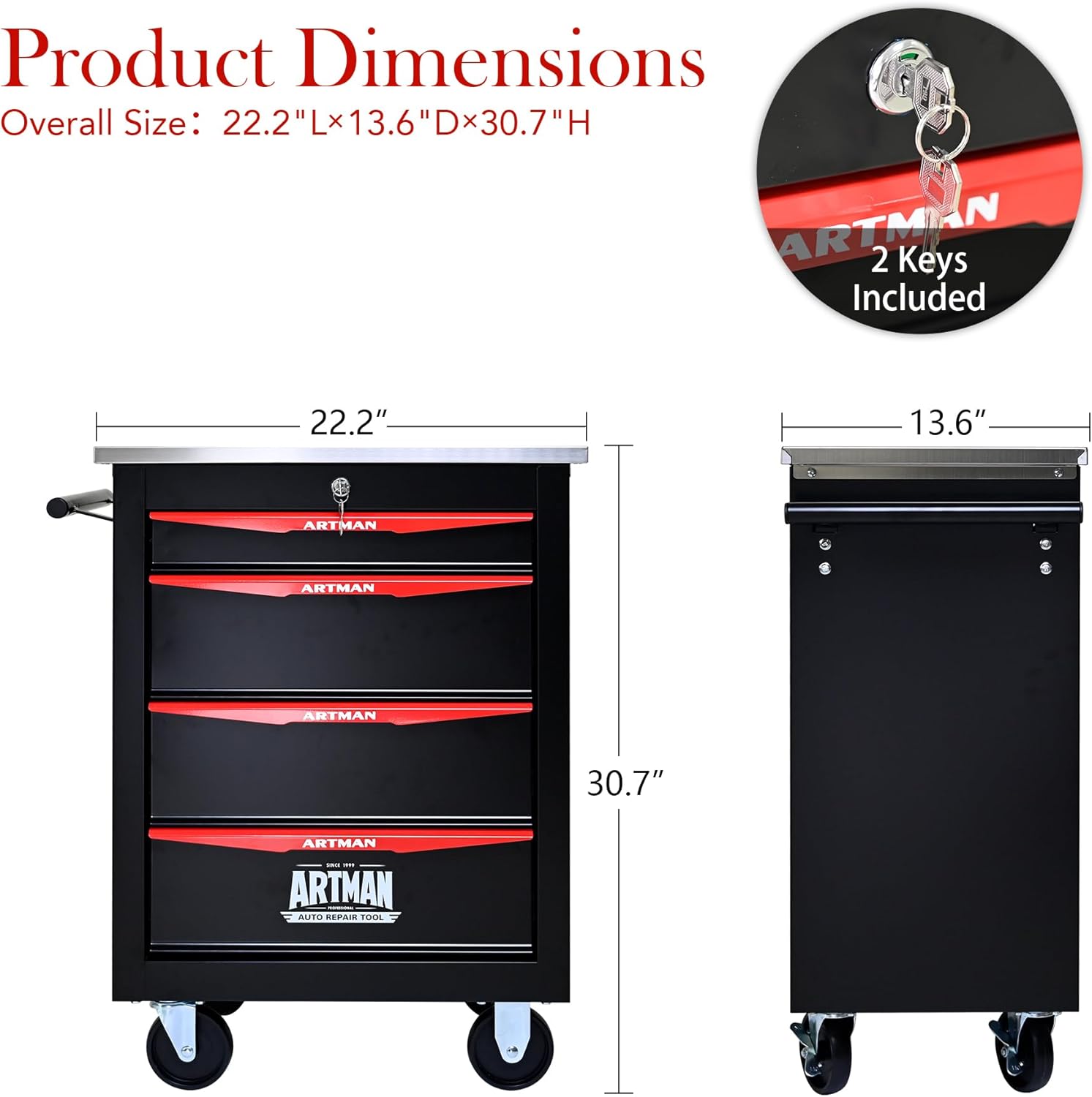 4-Drawer Rolling Tool Chest, Black & Red Modular Tool Box with Wheels, Heavy-Duty Rolling Tool Cabinet for Garage & Workshop Storage