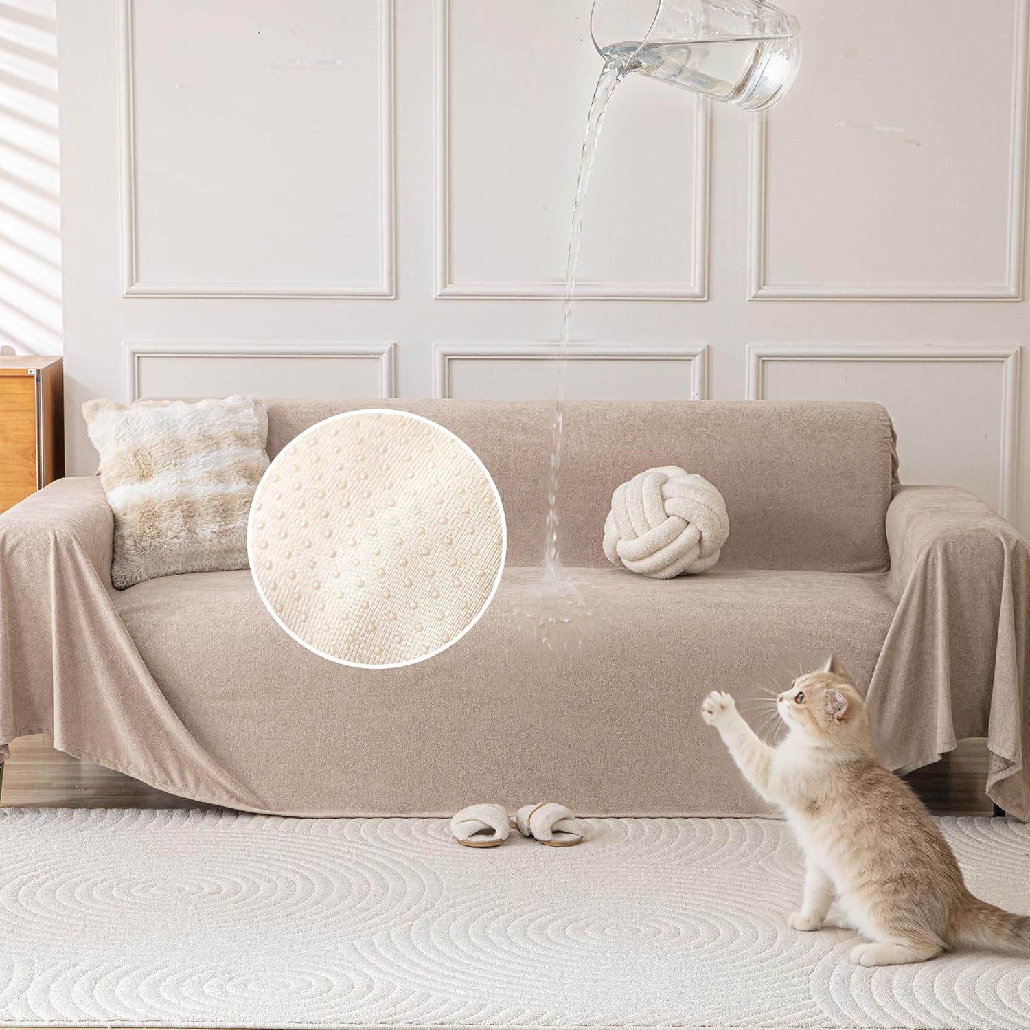 Waterproof Couch Covers for 4 Cushion, Non Slip Cat-Scratch Resistant Sofa Couch Covers for Dogs, L Shape Sectional Protectors Slipcovers, Large Furniture Covers for Pets, 91" x 150", Khaki