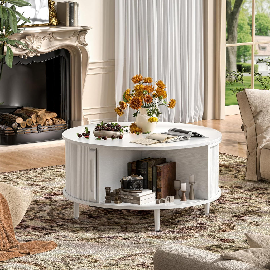 Round Coffee Table, 31.5" Fluted Center Table with Storage, Lift-Top Coffee Table with Adjustable Footpads, Sliding Door, Mid-Century Modern Center Table for Living Room, Small Space (Pure White)