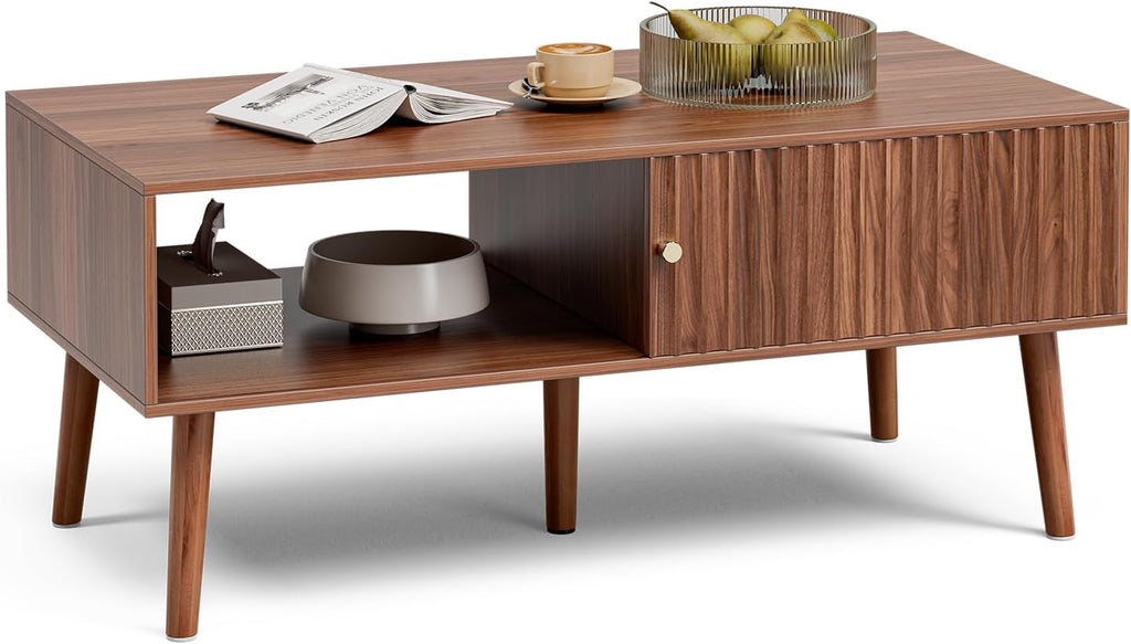 LCRBOL Coffee Table with Storage, Mid Century Dining Table with Sliding Fluted Door and Solid Wood Legs, Small Coffee Tables for Living Room, Walnut