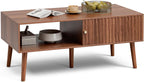 LCRBOL Coffee Table with Storage, Mid Century Dining Table with Sliding Fluted Door and Solid Wood Legs, Small Coffee Tables for Living Room, Walnut