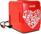 Coca Cola World 1971 Series Portable 6 Can Thermoelectric Mini Fridge Cooler/Warmer, 4 L/4.2 Quarts Capacity, 12V DC/240V AC for Home, Dorm, car, Boat, Beverages, Snacks, Skincare, Cosmetics
