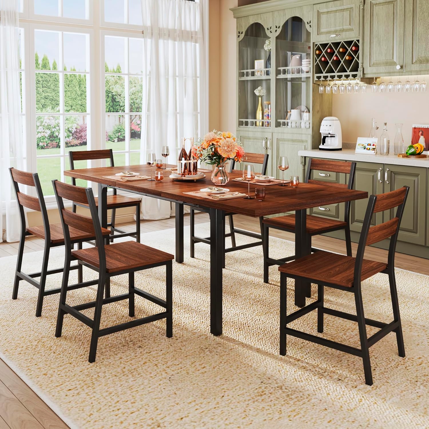 7-Piece Dining Table Set for 4-6, 63" Large Extendable Kitchen Table Set with 6 Chairs, Curved Backrest, Dining Room Table with Solid Metal Frame & MDF Board, Easy Assembly, Walnut