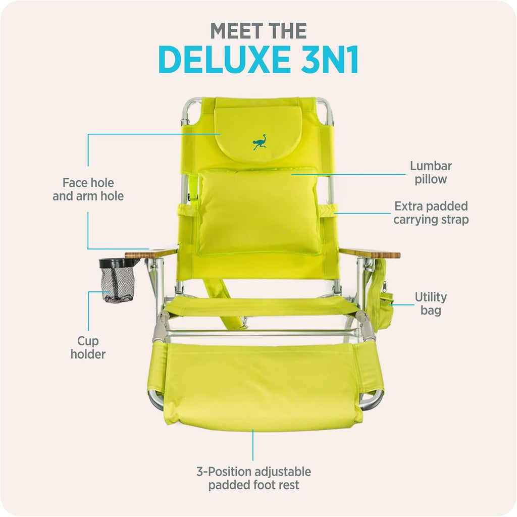 Ostrich the Deluxe 3N1 Lightweight Lawn Beach Reclining Lounge Chair with Footrest, Outdoor Furniture for Patio, Balcony, Backyard, or Porch, Lime