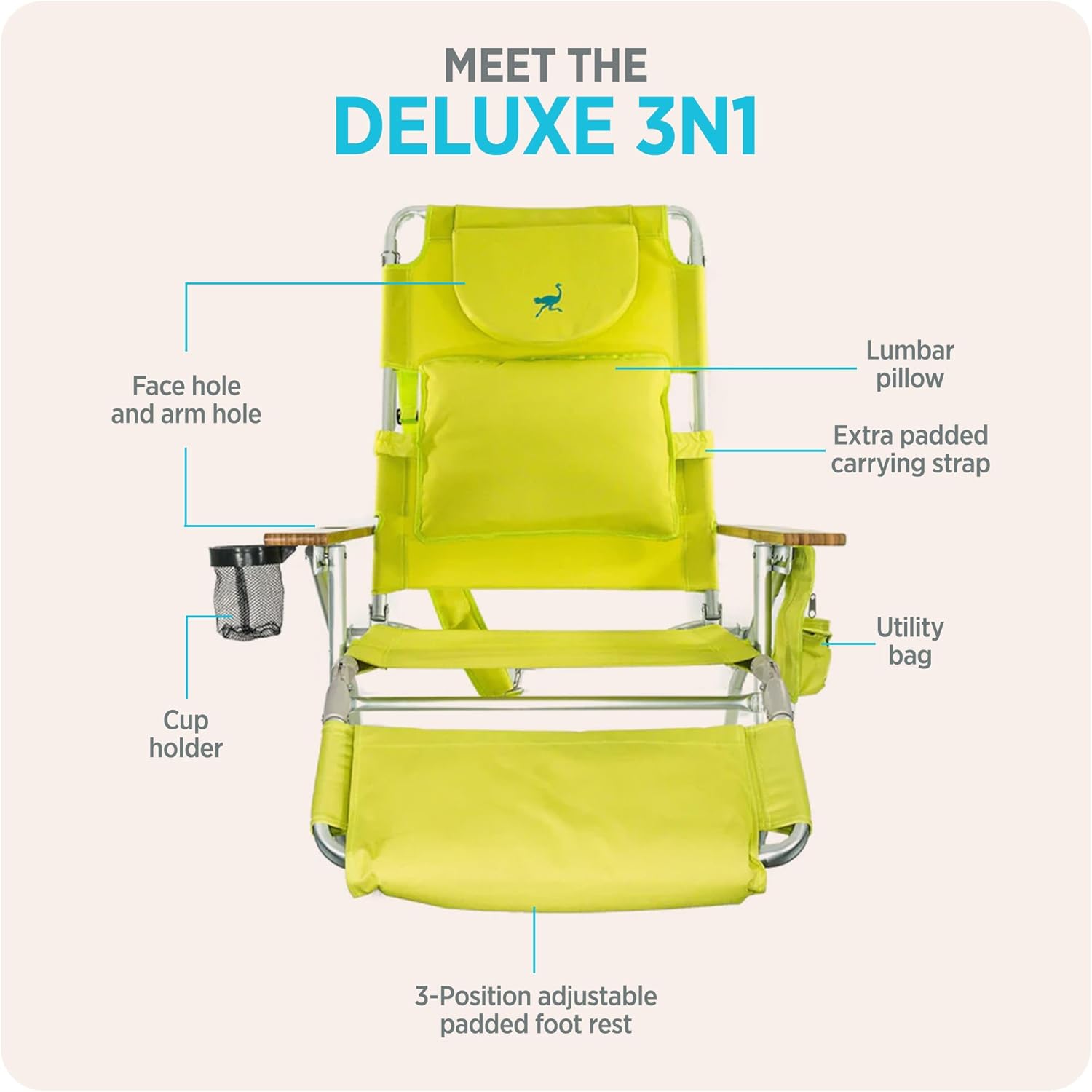 Ostrich the Deluxe 3N1 Lightweight Lawn Beach Reclining Lounge Chair with Footrest, Outdoor Furniture for Patio, Balcony, Backyard, or Porch, Lime