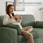 LINSY HOME Pull Out Sofa Bed - Convertible Loveseat Sleeper Sofa, Upgraded Bed Frame Pullout Couch - USB Charging & Cup Holders, Corduroy Sofa Bed for Living Room Small Space, Queen Size (Green)