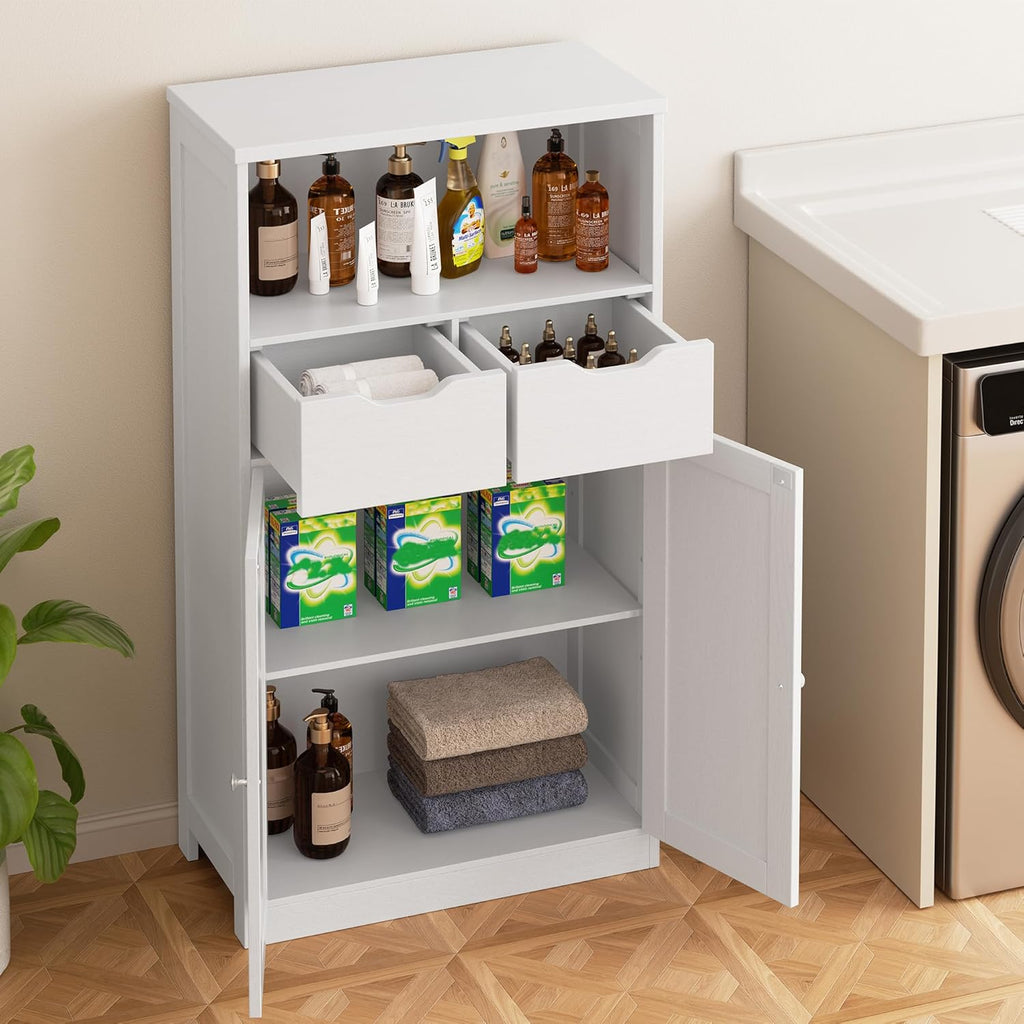 Walsunny Floor Storage Cabinet, Organizer with Doors and Drawers, Freestanding Side Cupboard Pantry with Adjustable Shelf for Bathroom/Living Room(White)