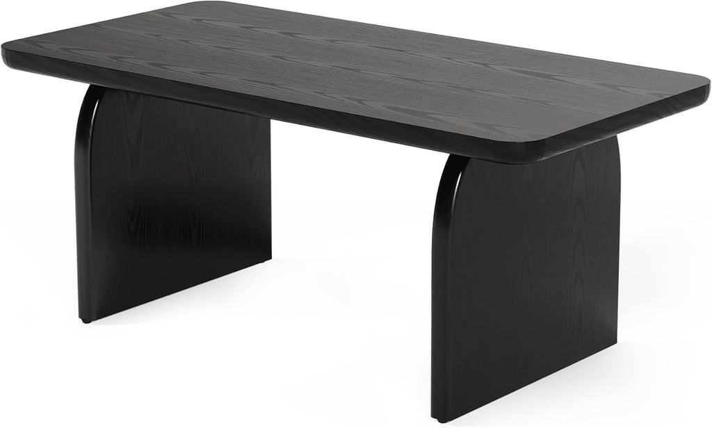 LITTLE TREE Farmhouse Coffee Table, 47 Inches Wooden Center Tables with Rounded Corners, Rectangular Living Room Tables, Modern Low Cocktail Tea Furniture for Living Room (Black)