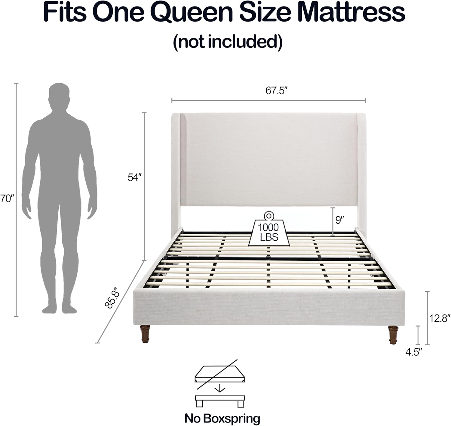 Queen 54" Tall Headboard Wingback Upholstered Platform Bed Frame Elegant Simplicity Textured Canvas for Bedroom Strong Wood Slats Support No Box Spring Needed Easy Assembly No Noise Ivory