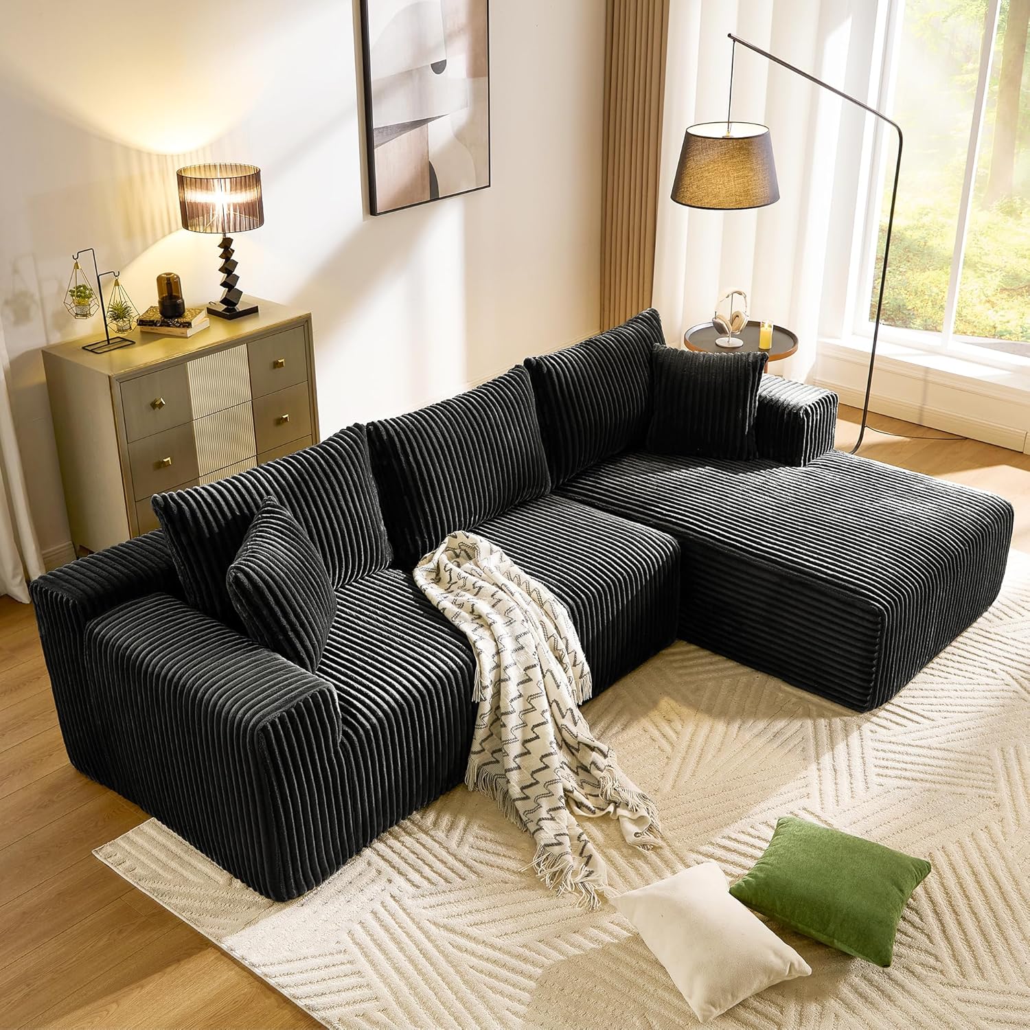 WorthFurni Cloud Modular Sofa Couch with L-Shape Chaise,Modern Sectional with Deep Seat, Upholstered Couches for Living Room Bedroom,No Assembly Required, Plush Corduroy Fabric 110.4"(Black)
