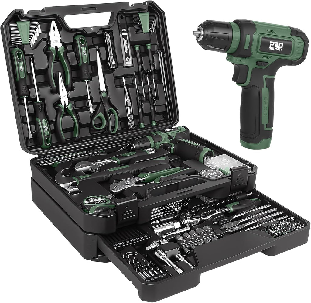 Prostormer Tool Set with 8V Cordless Drill, 369-Piece Home Tool Kit with Drill Driver, Toolbox Storage Case with Drawer, General Household Tools for Home Repairs and DIY, Handyman (Green)