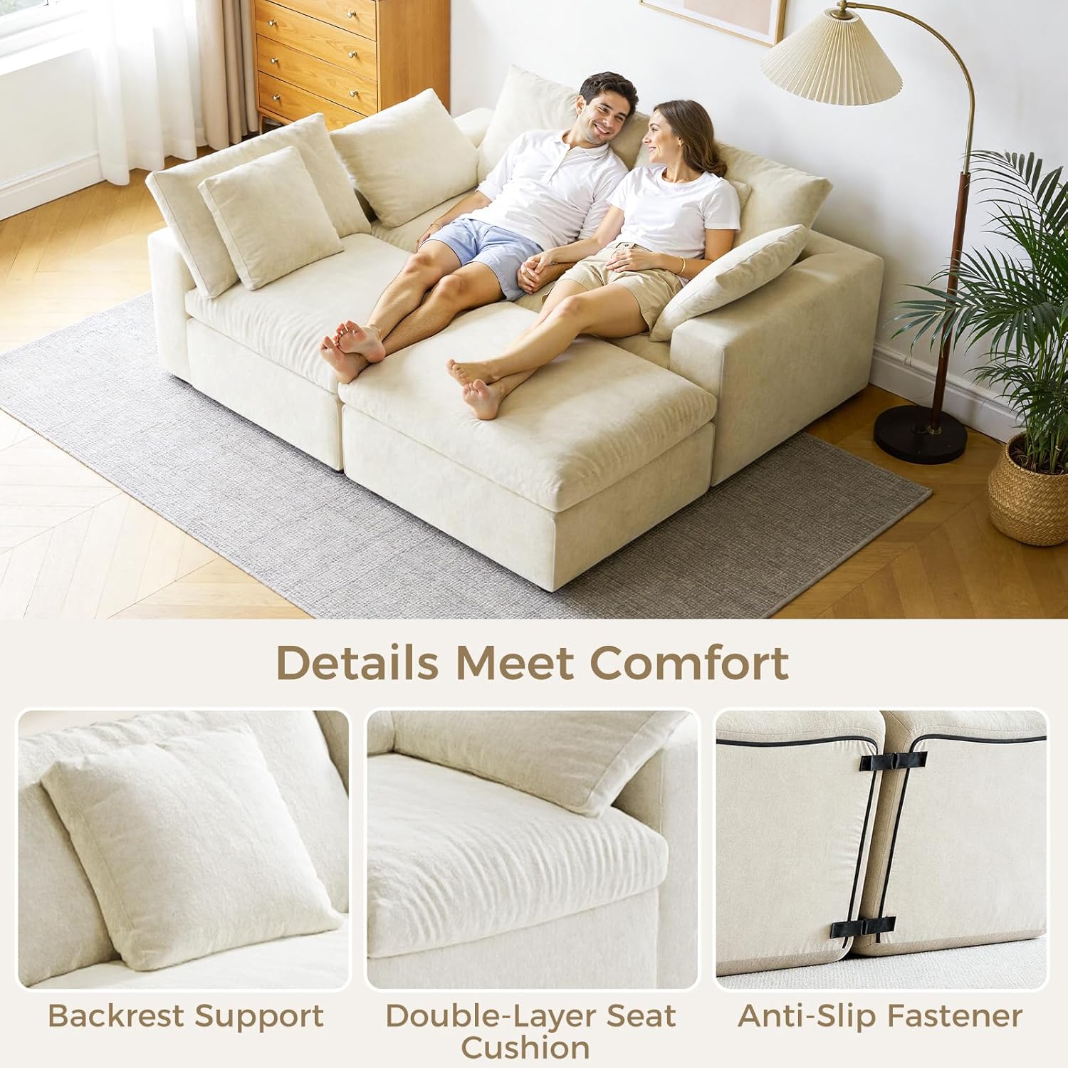 120" L-Shaped Boneless Cloud Couch, Modular Sectional Sofa with Ottoman and Extra-Wide Armrests, Deep Seat Sectional Couches for Living Room, 35D High-Density Foam, No Assembly Required, Beige