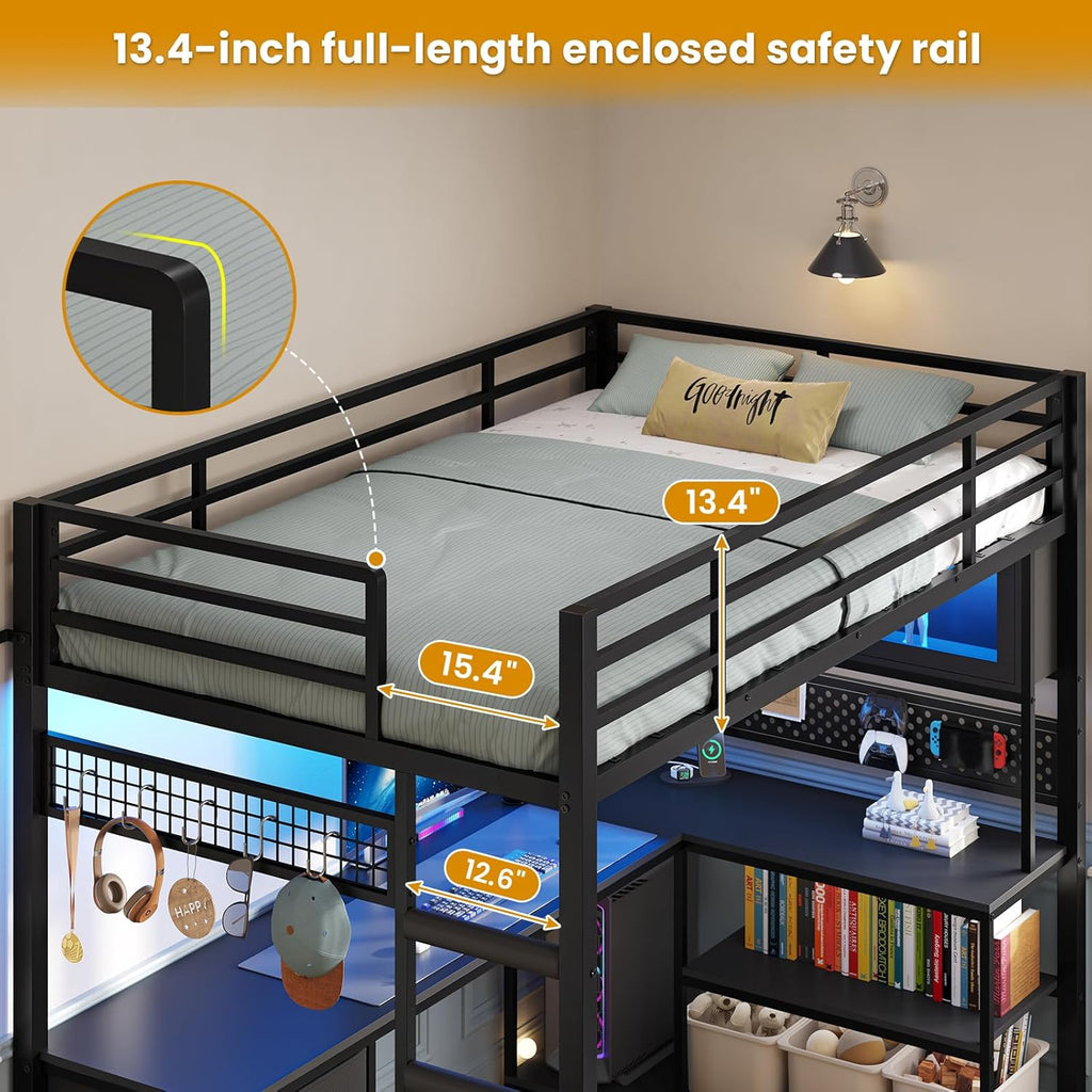 ADORNEVE Twin Size Loft Bed with L-Shaped Gaming Desk, Storage Drawers & Hutch, Expanded Safety Power Outlet, Metal Loft Bed Frame with RGB Lights, Space Saving for Teens, Black