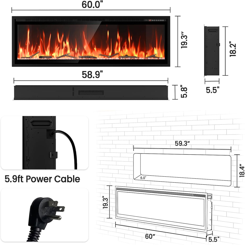 60” Smart Electric Fireplace with Voice Control, Realistic Flame, Crackling Sound, Wall Mounted or Recessed Fireplace Insert, App/Remote Control, Logs & Crystals Included for Living Room, Bedroom