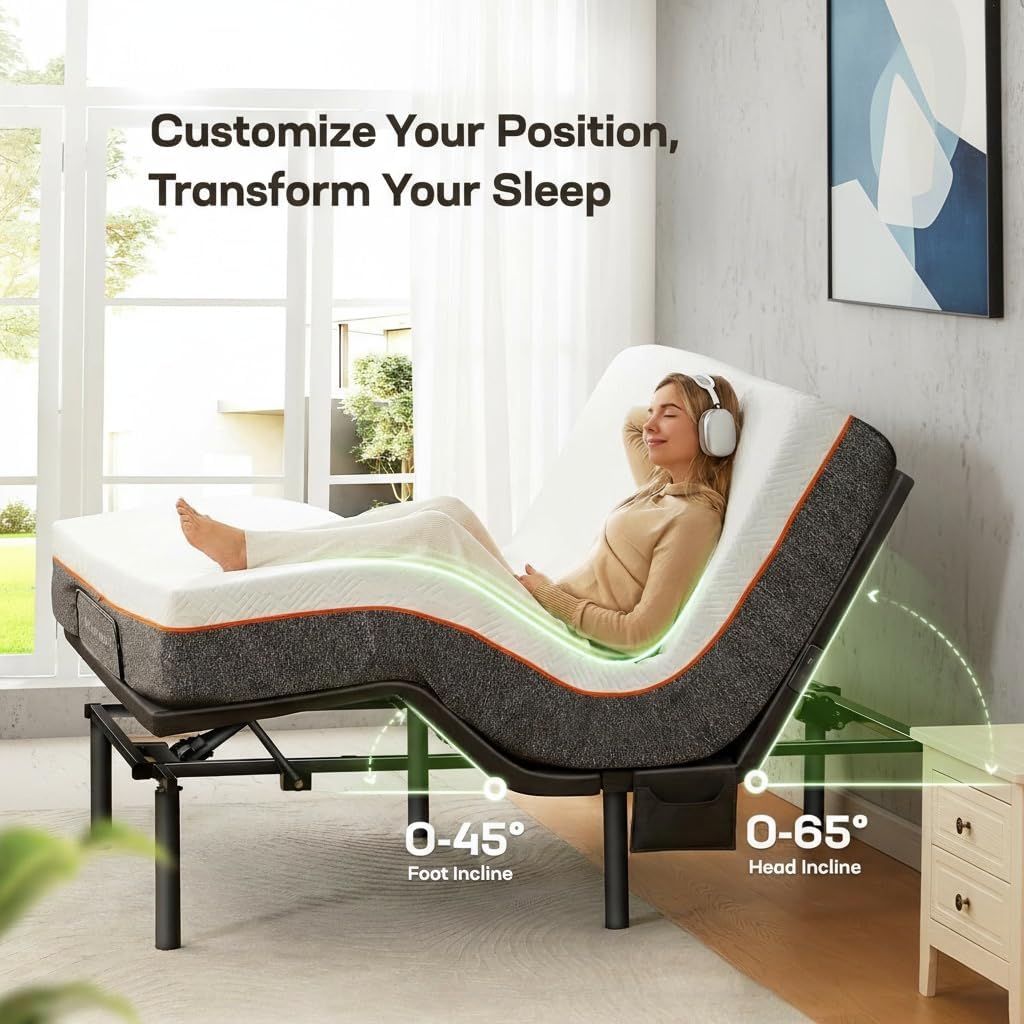 Marsail MS01 Queen Adjustable Bed Frame & 8-Inch Gel Memory Foam Mattress Set,Premium Adjustable Base Includes Wireless Remote, Under-Bed Nightlight, and 4 Customizable Height Settings