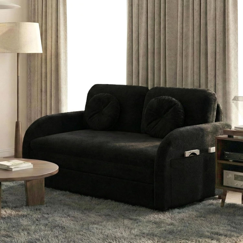 3-in-1 Sleeper Sofa Loveseat with Pull-Out Bed, Chenille Convertible Couch with Double-Layer Cushions, USB Ports & Storage Pockets for Living Room and Apartment (Black, 52.4") | Convertible Sleeper