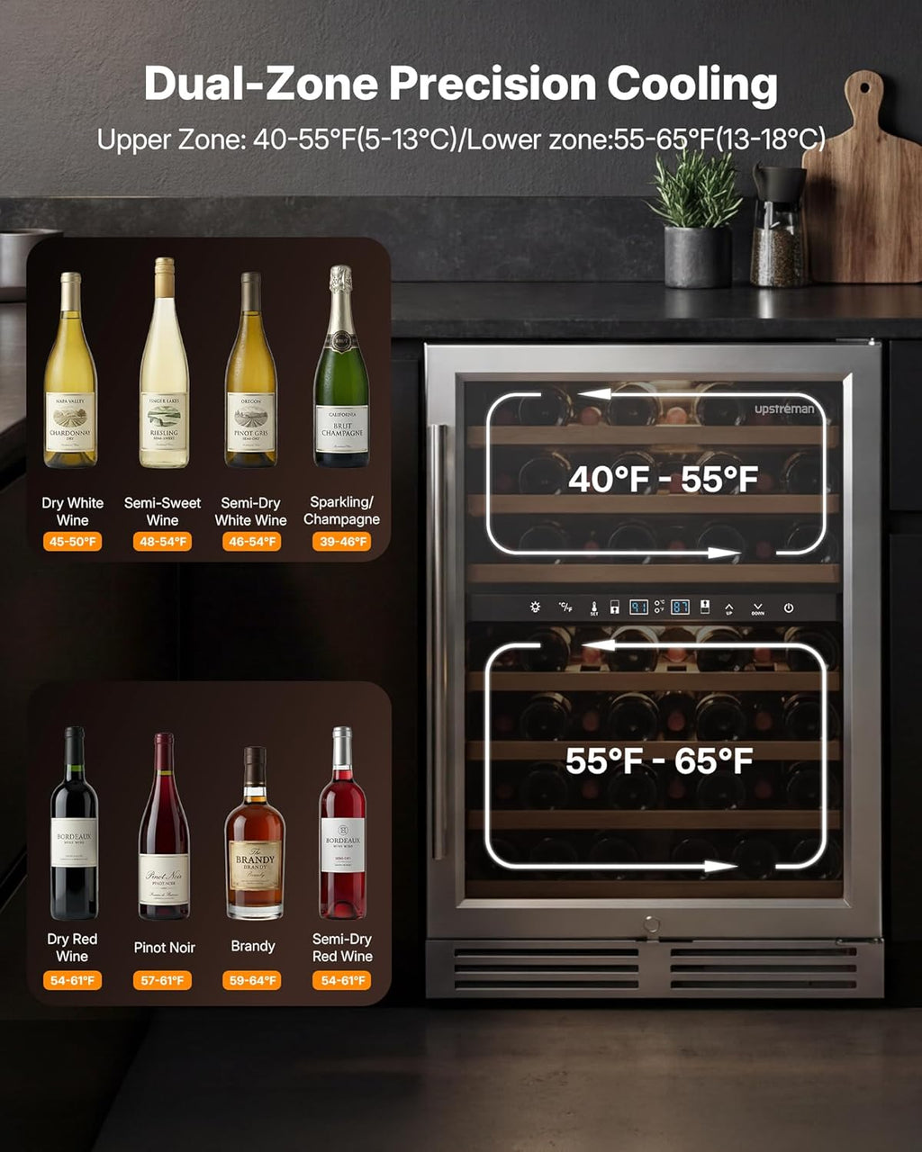 Upstreman 24 Inch Wine Fridge, 54 Bottles Dual Zone Wine Cooler Refrigerator, Small Built-in or Freestanding Wine Fridge with Stainless Steel Glass Door for Home, Office, or Kitchen, W54