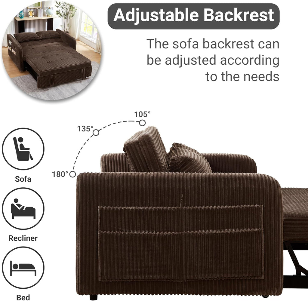 55.5" Corduroy Convertible Sofa Bed, Pull Out Sleeper Sofa Bed, Loveseat Couch with USB Charging Ports, 3 in 1 Convertible Sleeper Sofa Bed for Living Room, Apartment, Bedroom, RV, Beige